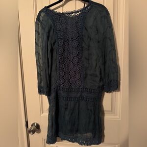 Anthropologie Dark Teal Lace Long Sleeve Dress